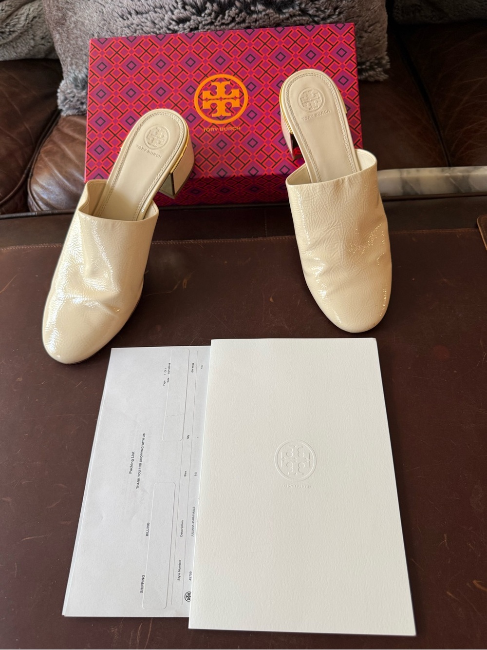 Tory Burch Juliana 45mm Cream Patent Leather Slip-On Mules